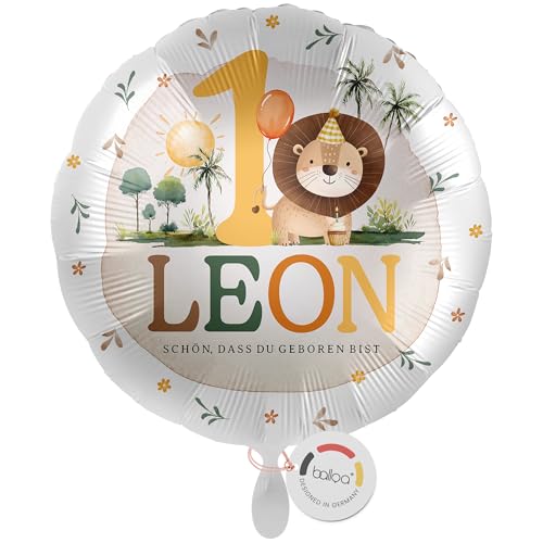balloa Personalisierter Ballon XXL mit Namen, Geschenk zum 1. Geburtstag, Löwe Namensballon Safari Mottoparty mit Wunschtext, Helium geeignet Luftballon, Partydeko Kindergeburtstag Mädchen Junge 53cm von balloa