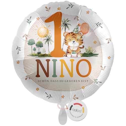 balloa Personalisierter Ballon XXL mit Namen, Geschenk zum 1. Geburtstag, Tiger Namensballon Safari Mottoparty Wunschtext, Helium geeignet Luftballon, Partydeko Kindergeburtstag Mädchen Junge, 53cm von balloa