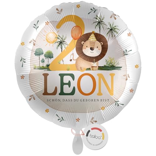 balloa Personalisierter Ballon XXL mit Namen, Geschenk zum 2. Geburtstag, Löwe Namensballon Safari Mottoparty mit Wunschtext, Helium geeignet Luftballon, Partydeko Kindergeburtstag Mädchen Junge 53cm von balloa