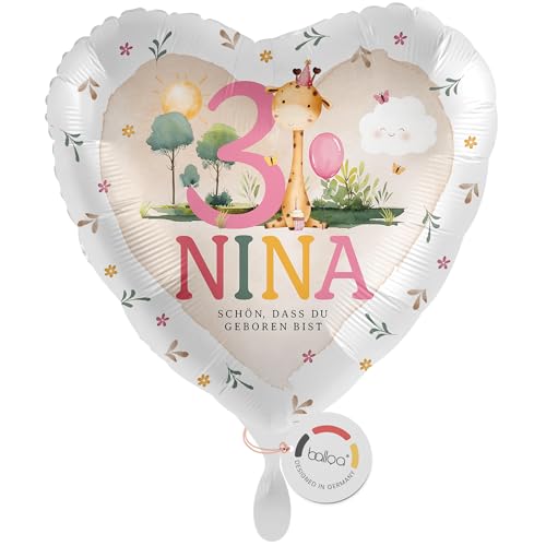 balloa Personalisierter Ballon XXL mit Namen, Geschenk zum 3. Geburtstag, Folienballon Giraffe Safari Partydeko, Helium geeignet Luftballon, Deko für Kindergeburtstag, Geburtstagsdekoration, 53cm von balloa