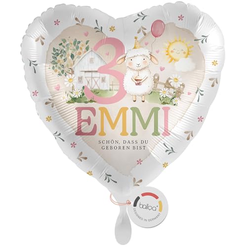 balloa Personalisierter Ballon XXL mit Namen, Geschenk zum 3. Geburtstag, Herzballon Bauernhof Schaf mit Wunschnamen, Helium geeignet Luftballon, Geschenkidee für Mädchen, Geburtstagsdekoration, 53cm balloa Personalisierter Ballon XXL mit Namen, Geschenk zum 3. Geburtstag, Herzballon Bauernhof Schaf mit Wunschnamen, Helium geeignet Luftballon, Geschenkidee für Mädchen, Geburtstagsdekoration, 53cm von balloa