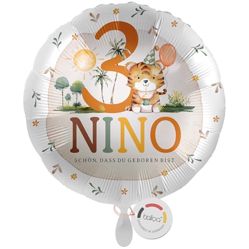 balloa Personalisierter Ballon XXL mit Namen, Geschenk zum 3. Geburtstag, Tiger Namensballon Safari Mottoparty Wunschtext, Helium geeignet Luftballon, Partydeko Kindergeburtstag Mädchen Junge, 53cm von balloa