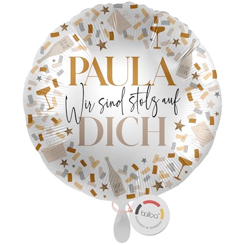 balloa Personalisierter Ballon XXL mit Namen, Geschenk zur Anerkennung, Folienballon Wir sind stolz auf Dich Konfetti Gold Design, Helium geeignet Luftballon Deko für Frau Mann, 53cm von balloa