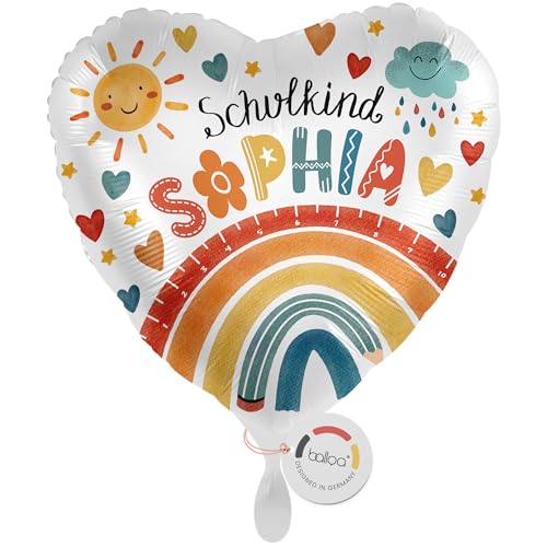 balloa Personalisierter Ballon XXL mit Namen, personalisiertes Geschenk zur Einschulung, Heliumballon Einschulungsfeier, Folienballon Schulkind Regenbogen Herz, Deko Mädchen Junge Schulanfang 53cm von balloa