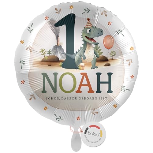 balloa Personalisierter Ballon mit Namen, Geschenk zum 1. Geburtstag, Dinosaurier Namensballon für Dino Mottoparty, Helium geeignet Luftballon, Partydeko Kindergeburtstag Junge Mädchen, 33cm von balloa