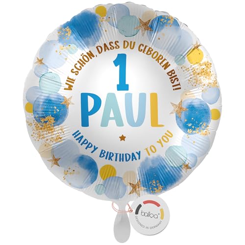 balloa Personalisierter Ballon mit Namen, Geschenk zum 1. Geburtstag für Jungen, Folienballon mit Zahl und Wunschtext, Helium Ballon Baby Kindergeburtstag Deko Jungenparty, 33cm von balloa