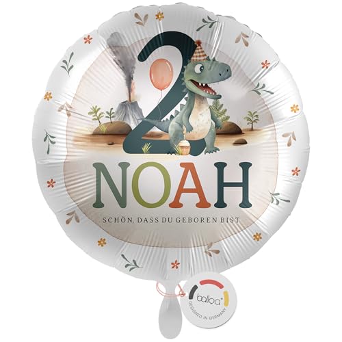 balloa Personalisierter Ballon mit Namen, Geschenk zum 2. Geburtstag, Dinosaurier Namensballon für Dino Mottoparty, Helium geeignet Luftballon, Partydeko Kindergeburtstag Junge Mädchen, 33cm von balloa