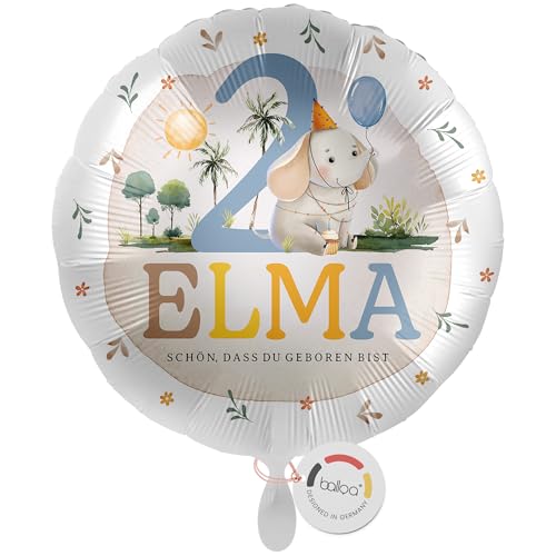 balloa Personalisierter Ballon mit Namen, Geschenk zum 2. Geburtstag, Elefant Namensballon für Safari oder Mottoparty, Helium geeignet Luftballon, Partydeko Kindergeburtstag Mädchen Junge, 33cm von balloa