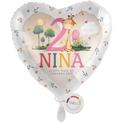 balloa Personalisierter Ballon mit Namen, Geschenk zum 2. Geburtstag, Folienballon Giraffe Safari Mottoparty, Helium geeignet Luftballon, Deko für Kindergeburtstag, Geburtstagsdekoration, 33cm von balloa