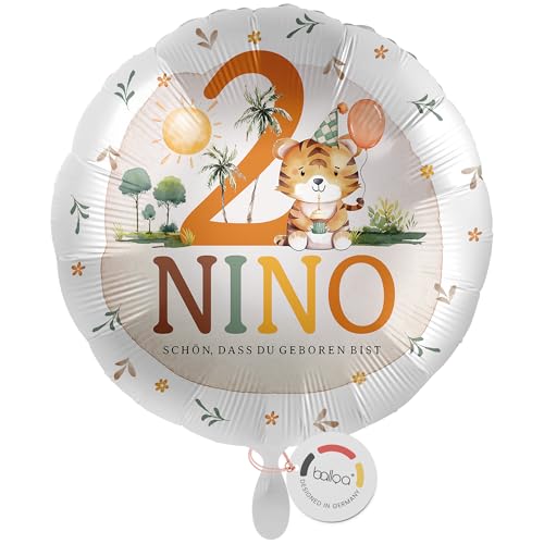 balloa Personalisierter Ballon mit Namen, Geschenk zum 2. Geburtstag, Tiger Namensballon Safari Mottoparty mit Wunschtext, Helium geeignet Luftballon, Partydeko Kindergeburtstag Mädchen Junge, 33cm von balloa