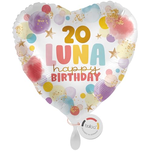balloa Personalisierter Ballon mit Namen, Geschenk zum 20 Geburtstag für Frauen, Herzballon mit Wunschtext, Helium geeignet Luftballon bunt, Folienballon Deko Geburtstagsfeier oder Geschenkbox, 33cm von balloa