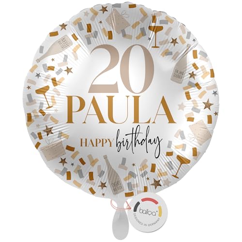 balloa Personalisierter Ballon mit Namen, Geschenk zum 20. Geburtstag, Konfetti Design Gold, Happy Birthday Folienballon mit Wunschtext, Deko für Frauen und Männer, Helium geeignet, 33cm von balloa
