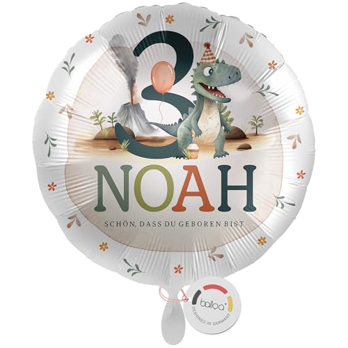 balloa Personalisierter Ballon mit Namen, Geschenk zum 3. Geburtstag, Dinosaurier Namensballon für Dino Mottoparty, Helium geeignet Luftballon, Partydeko Kindergeburtstag Junge Mädchen, 33cm von balloa