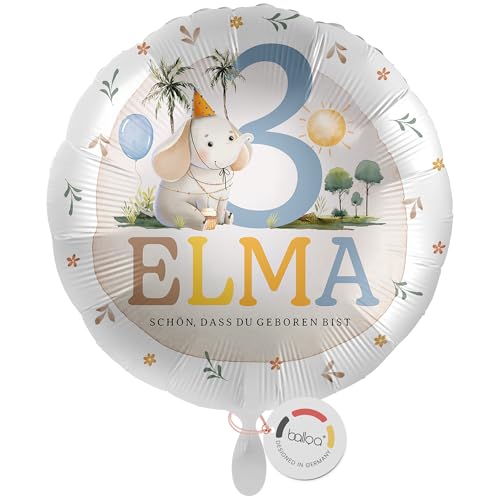 balloa Personalisierter Ballon mit Namen, Geschenk zum 3. Geburtstag, Elefant Namensballon für Safari oder Mottoparty, Helium geeignet Luftballon, Partydeko Kindergeburtstag Mädchen Junge, 33cm von balloa