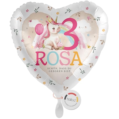 balloa Personalisierter Ballon mit Namen, Geschenk zum 3. Geburtstag, Herzballon Einhorn mit Wunschnamen, Helium geeignet Luftballon, Deko Geschenkidee für Mädchen, Geburtstagsdekoration, 33cm balloa Personalisierter Ballon mit Namen, Geschenk zum 3. Geburtstag, Herzballon Einhorn mit Wunschnamen, Helium geeignet Luftballon, Deko Geschenkidee für Mädchen, Geburtstagsdekoration, 33cm von balloa