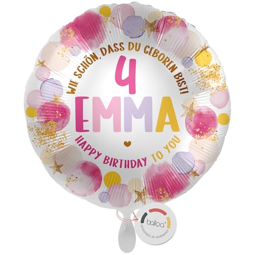 balloa Personalisierter Ballon mit Namen, Geschenk zum 4. Geburtstag, Folienballon mit Zahl und Wunschtext, Helium Ballon für Kinder Mädchen Jungen, Deko Kindergeburtstag Party, 33cm von balloa