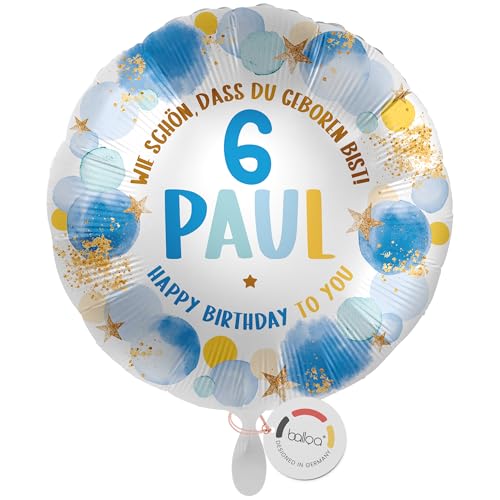 balloa Personalisierter Ballon mit Namen, Geschenk zum 6. Geburtstag für Jungen, Folienballon mit Zahl und Wunschtext, Helium Ballon Kindergeburtstag Deko Jungenparty Überraschung, 33cm von balloa