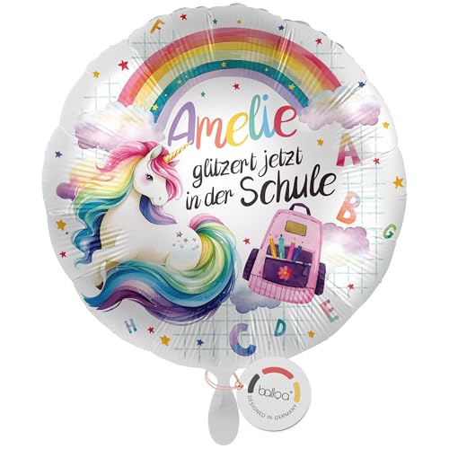 balloa Personalisierter Ballon mit Namen, Geschenk zum Schulstart, Helium Ballon rund, Folienballon Einhorn Motiv, Regenbogen Deko Mädchen, Schulkind Luftballon Einschulungsfeier 33cm von balloa