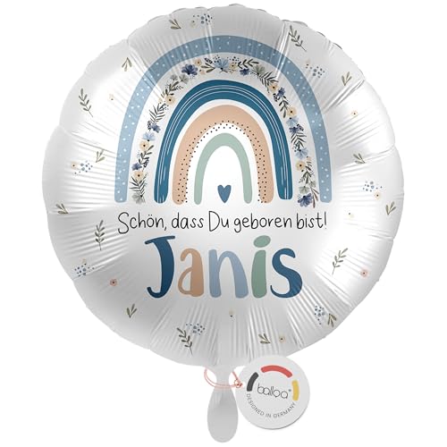 balloa Personalisierter Ballon mit Namen, Geschenk zur Geburt, runder Folienballon Blau mit Regenbogen Motiv und Wunschtext, Helium geeignet für Baby Junge, Deko zur Begrüßung oder Geschenkbox, 33cm balloa Personalisierter Ballon mit Namen, Geschenk zur Geburt, runder Folienballon Blau mit Regenbogen Motiv und Wunschtext, Helium geeignet für Baby Junge, Deko zur Begrüßung oder Geschenkbox, 33cm von balloa