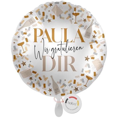 balloa Personalisierter Ballon mit Namen, Geschenk zur Gratulation, Folienballon Wir gratulieren Dir Konfetti Gold Design, Helium geeignet Luftballon mit Wunschtext Deko Idee für Frauen Männer, 33cm von balloa