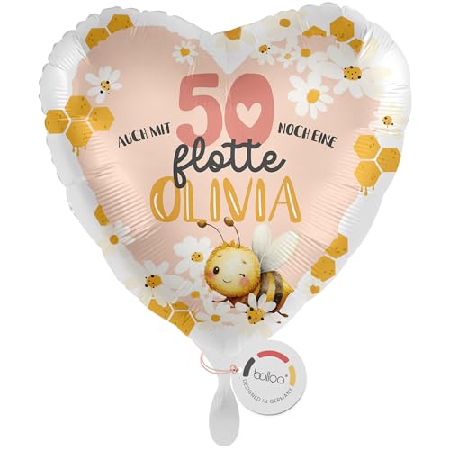 balloa Personalisierter Ballon mit Namen, personalisiertes Geschenk zum 50. Geburtstag, Herzballon mit Wunschtext, Helium Luftballon Folienballon, Deko Zahl 50, Geschenkidee für Frauen, 33cm von balloa