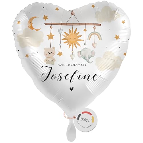 balloa Personalisierter Ballon mit Namen, personalisiertes Geschenk zur Geburt, Helium Ballon Baby, Herzballon Mobile mit Elefant Bär Mond und Sonne, Babyparty Deko neutral Unisex Design, 33cm balloa Personalisierter Ballon mit Namen, personalisiertes Geschenk zur Geburt, Helium Ballon Baby, Herzballon Mobile mit Elefant Bär Mond und Sonne, Babyparty Deko neutral Unisex Design, 33cm von balloa
