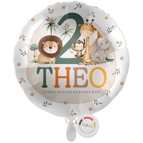balloa Personalisierter Folienballon XXL mit Namen, Geschenk zum 2. Geburtstag, Safari Tiere Namensballon mit Wunschtext, Helium geeignet Luftballon, Partydeko Kindergeburtstag Junge Mädchen, 53cm von balloa