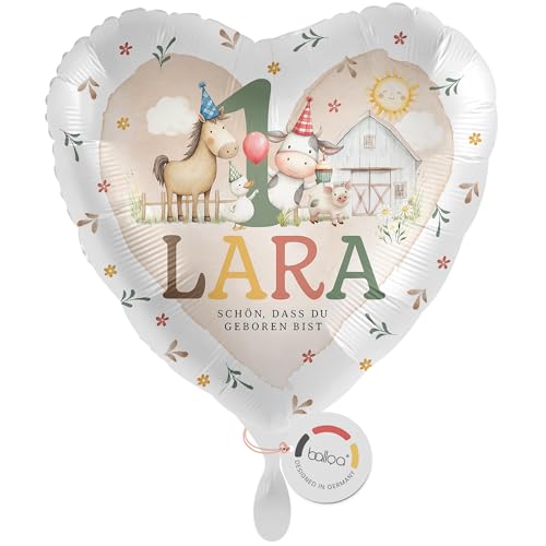 balloa Personalisierter Folienballon mit Namen, Geschenk zum 1. Geburtstag, Bauernhof Namensballon mit Wunschtext, Helium geeignet Luftballon, Partydeko Kindergeburtstag Mädchen Junge, 33cm von balloa