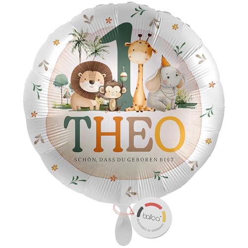 balloa Personalisierter Folienballon mit Namen, Geschenk zum 1. Geburtstag, Safari Tiere Namensballon mit Wunschtext, Helium geeignet Luftballon, Partydeko Kindergeburtstag Junge Mädchen, 33cm von balloa