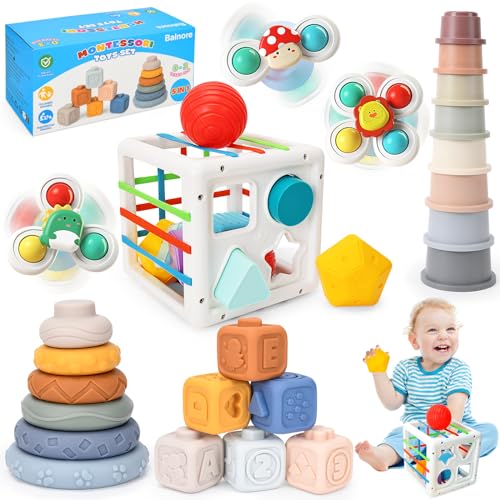 balnore Baby Spielzeug 6 Monate, 5 in 1 Montessori ab 0 3 6 9 12 Monate 32 PCS Sensorische Box/Spinners/Stapelringes/Stapelblöckes/Stapelbechers für 1 2 3 Jahre Geschenk Junge Mädchen von balnore