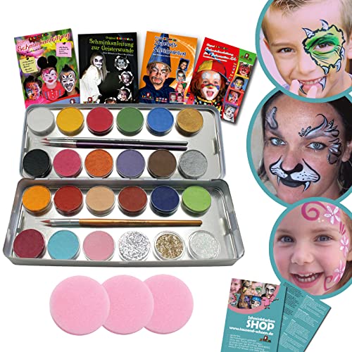 Großes Schminkfarben Set, Eulenspiegel Kinderschminke, 21 Farben, 3 x Glitzer, 3 x Pinsel, Schwamm, Schminkhefte, Deutsches Produkt von bambelina