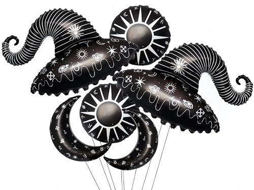 Hexenhut-Ballons mit Sonnenmond-Motiv, 104,1 cm, Schwarz, Halloween-Party-Dekoration, magisches Hexen-Thema, Gothic-Geburtstag, Astrologie, himmlische Feier, Halloween-Partyzubehör Hexenhut-Ballons mit Sonnenmond-Motiv, 104,1 cm, Schwarz, Halloween-Party-Dekoration, magisches Hexen-Thema, Gothic-Geburtstag, Astrologie, himmlische Feier, Halloween-Partyzubehör von baoonworlld