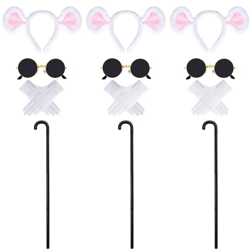 12Pcs Halloween Maus Kostüm Zubehör Set, Maus Stirnbänder Runde Sonnenbrille Falten Blind Cane weiße Handschuhe für Karneval Fasching Party (Weiß) von baotongle
