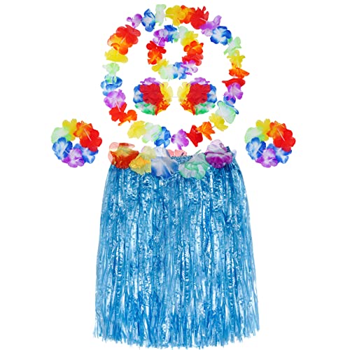 6 Stück Hawaii Gras Röcke Kostüm Set Hula Rock mit Halskette Armbänder Stirnband Blume für Beachparty Deko Partyatmosphär (Blau) von baotongle