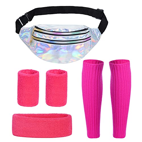 80er Jahre Kleidung Damen Sportlicher Stil Set, Neon Beinwärmer,Armbänder,Neon Stirnband, PU Bauchtasche Wasserdicht für 80er 90er Outfit Party Kostüm Accessoires Karneval Halloween (Sliver RosaRot) 80er Jahre Kleidung Damen Sportlicher Stil Set, Neon Beinwärmer,Armbänder,Neon Stirnband, PU Bauchtasche Wasserdicht für 80er 90er Outfit Party Kostüm Accessoires Karneval Halloween (Sliver RosaRot) von baotongle