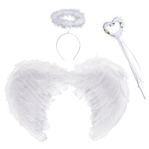 Engelsflügel Weiß Angel Wings Enge Kostüm Engelsflügel Deko mit Heiligenschein und Zauberstab Damen,Party Kostüme Deko von baotongle