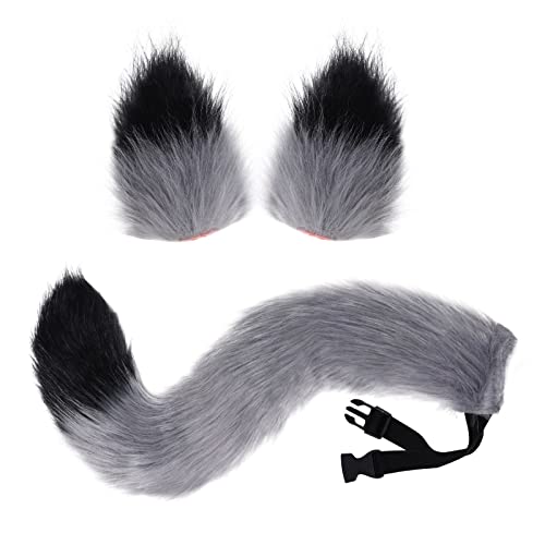 Fox Wolf Cosplay Tierohren Schwanz Set Wolf Ohren Schwanz Kostüm Handgefertigtes Fuchs Wolf Ohren Halloween Kostüm Cosplay Kopf Zubehör Fuchsohren (Grau+Schwarz) von baotongle