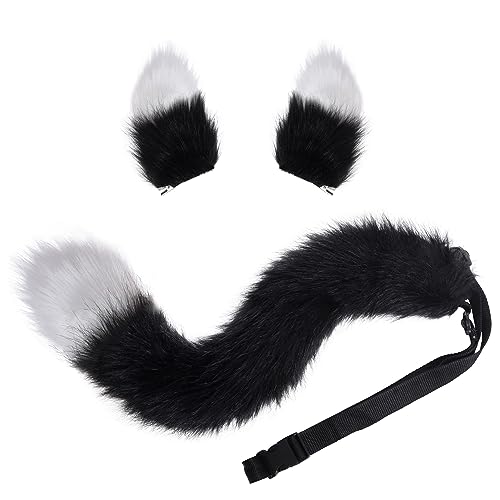 baotongle Fox Wolf Cosplay Tierohren Schwanz Set Wolf Ohren Schwanz Kostüm Handgefertigtes Fuchs Wolf Ohren Halloween Kostüm Cosplay Kopf Zubehör Fuchsohren (Schwarz+Weiß) von baotongle