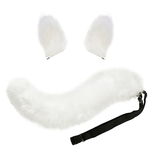 baotongle Fox Wolf Cosplay Tierohren Schwanz Set Wolf Ohren Schwanz Kostüm Handgefertigtes Fuchs Wolf Ohren Halloween Kostüm Cosplay Kopf Zubehör Fuchsohren (Weiß) von baotongle