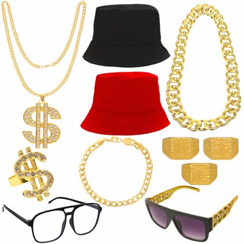 baotongle 11 Stück Hip Hop Kostüm Zubehör Set 80er 90er Jahre Outfit Herren Hip Hop Kostüm 2 Bucket Hat, Goldkette, Sonnenbrille, Goldring, Armband Für Karneval Fasching Mottoparty baotongle 11 Stück Hip Hop Kostüm Zubehör Set 80er 90er Jahre Outfit Herren Hip Hop Kostüm 2 Bucket Hat, Goldkette, Sonnenbrille, Goldring, Armband Für Karneval Fasching Mottoparty von baotongle