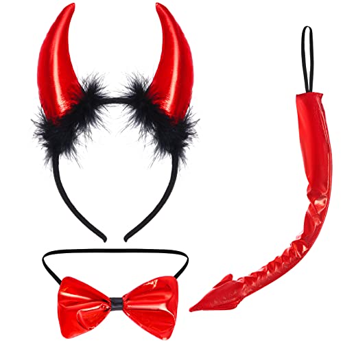 baotongle 3tlg Teufelshörner Kostüm Set Teufel Kostüm Kit Teufel Hörner Haarreif Devil HornHaarband Strinband mit Fliege Teufelsschwanz für Erwachsene Karneval Halloween Cosplay Maskerade Party von baotongle