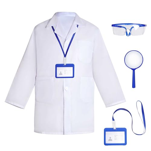 4 Stück Arztkittel Kinder Laborkittel Wissenschaftler Kostüm mit Ausweiskarte Gläser Lupe Glas für Rollenspiele Schulprojekte, Doktor Wissenschaftler Dress Up Zubehör (S) von baotongle