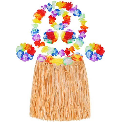 6 Stück Hawaii Gras Röcke Kostüm Set Hula Rock mit Halskette Armbänder Stirnband Blume für Beachparty Deko Partyatmosphär Gelb von baotongle