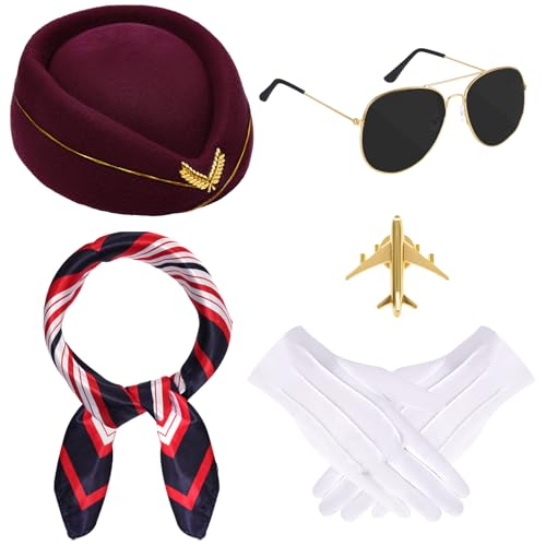 baotongle 6 Stück Halloween-Kostüm für Damen, Flugbegleiter, Stewardess-Outfits, Hut, Schal, Sonnenbrille, Handschuhe (Weinrot) von baotongle