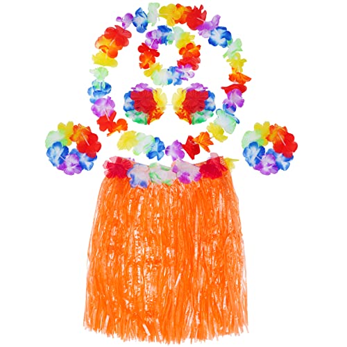 6 Stück Hawaii Gras Röcke Kostüm Set Hula Rock mit Halskette Armbänder Stirnband Blume für Beachparty Deko Partyatmosphär (Orange) von baotongle