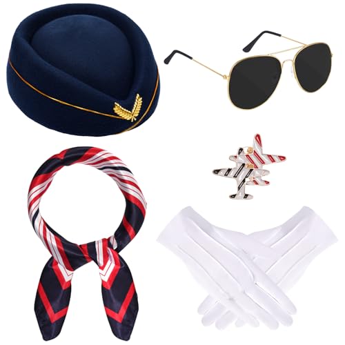 baotongle 6-teiliges Halloween-Kostüm-Zubehör für Damen, Stewardess-Outfits, Hut, Schal, Sonnenbrille, Handschuhe, Marineblau, M baotongle 6-teiliges Halloween-Kostüm-Zubehör für Damen, Stewardess-Outfits, Hut, Schal, Sonnenbrille, Handschuhe, Marineblau, M von baotongle