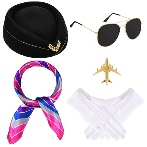 baotongle 6-teiliges Halloween-Kostüm-Zubehör für Damen, Stewardess-Outfits, Hut, Schal, Sonnenbrille, Handschuhe, Schwarz, M baotongle 6-teiliges Halloween-Kostüm-Zubehör für Damen, Stewardess-Outfits, Hut, Schal, Sonnenbrille, Handschuhe, Schwarz, M von baotongle