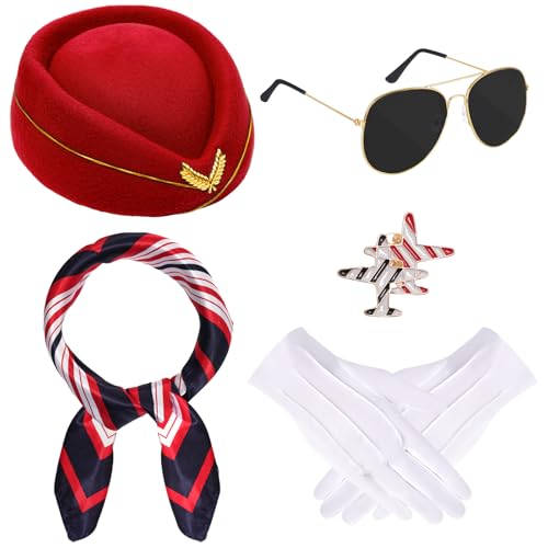 baotongle 6 x Halloween-Kostüm-Zubehör für Damen, Stewardess-Outfits, Hut, Schal, Sonnenbrille, Handschuhe (rot) von baotongle