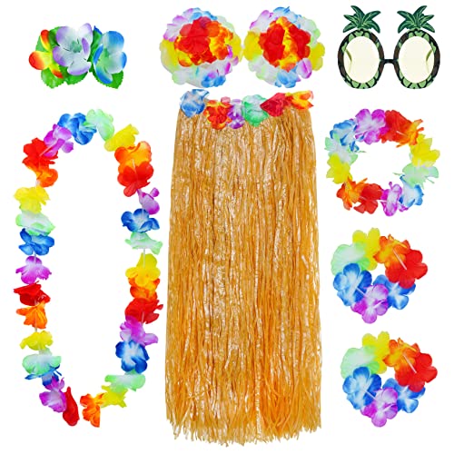 baotongle 8 Stück Hawaii Party Kostüm Set mit Halskette Armbänder Stirnband Blume BH Haarblume und Ananas Sonnenbrille für Beachparty Deko Gelb 80cm von baotongle