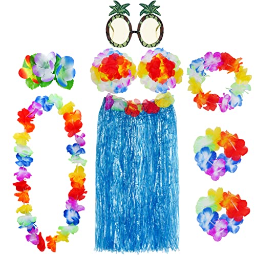 baotongle 8 Stück Hawaii Party Kostüm Set mit Halskette Armbänder Stirnband Blume BH Haarblume und Ananas Sonnenbrille für Beachparty Deko Blau 60cm von baotongle